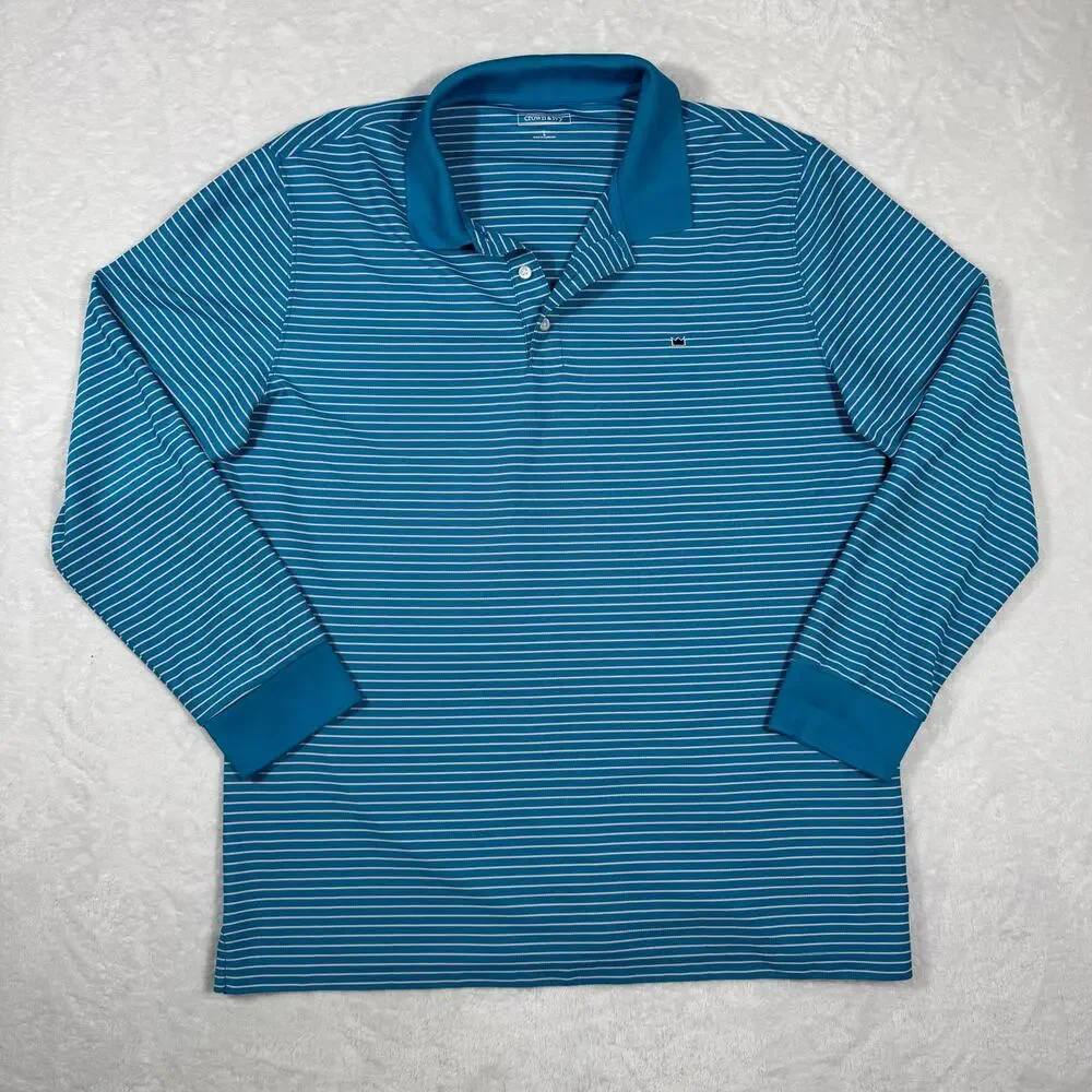 Crown & Ivy Men's L Striped Long Sleeve Pique Performance Polo Shirt Blue‎ White